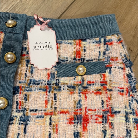 NWT Nanette Lepore multicolor tweed Mini skirt Button Front Pearl Coquette Small - Picture 2 of 7